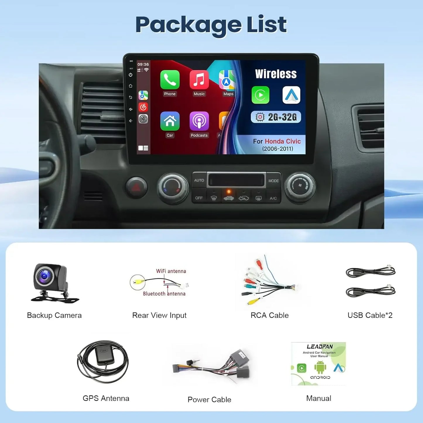 Car Stereo Radio Support Wireless CarPlay&Android Auto for Honda Civic 2006-2011 10" IPS Touch Screen Bluetooth/WiFi/Rear Camera