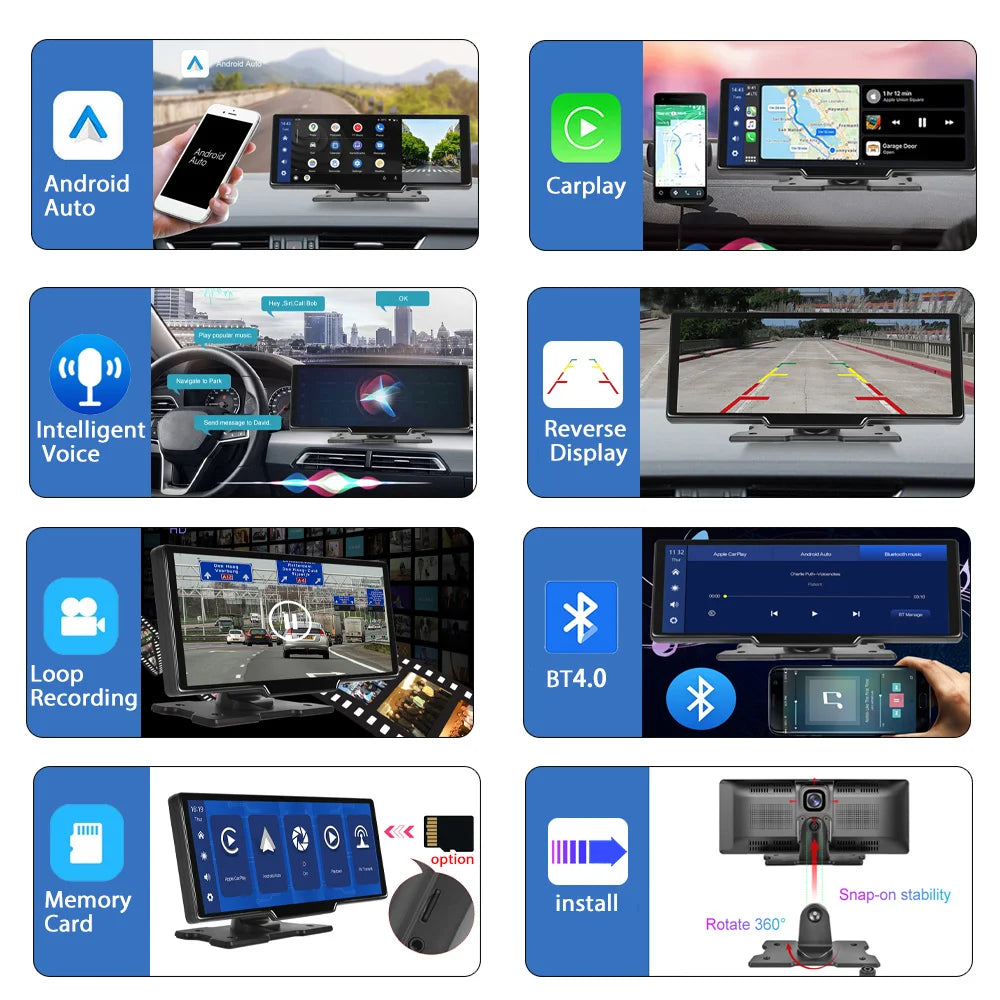 Podofo 10.26" Dash Cam 4K Rearview Camera Wireless Carplay Android Auto GPS with Voice Control Dashboard DVR Car Monitor