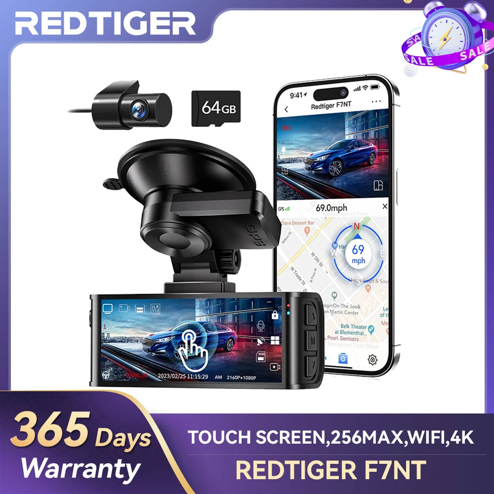 REDTIGER 4K Dash Camera Front and Rear WiFi Car Dvr Dual Car Camera Easy To Install Car Camera Recorder Touched GPS