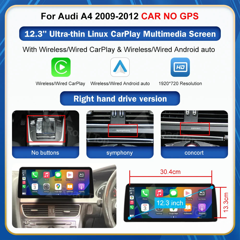 8.9 Inch 12.3'' Touch Display Multimedia Player Andriod Auto Link For Audi A4 S4 B8 2008-2012 GPS Carplay Screen Car Play
