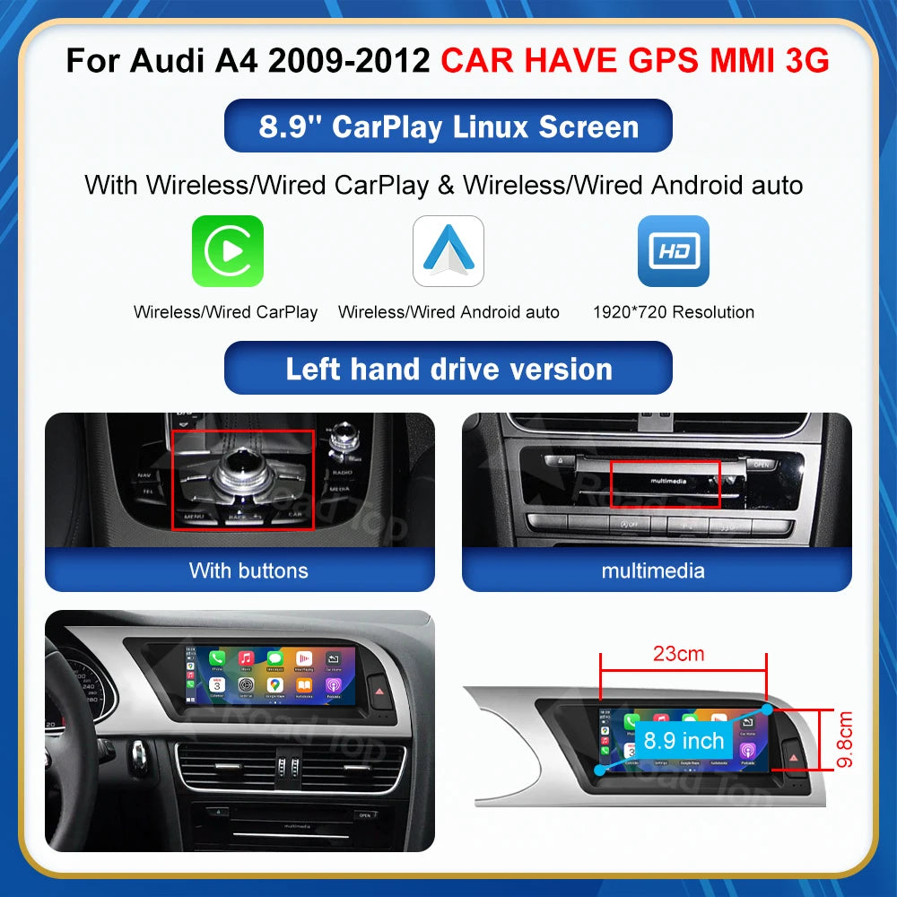 8.9 Inch 12.3'' Touch Display Multimedia Player Andriod Auto Link For Audi A4 S4 B8 2008-2012 GPS Carplay Screen Car Play