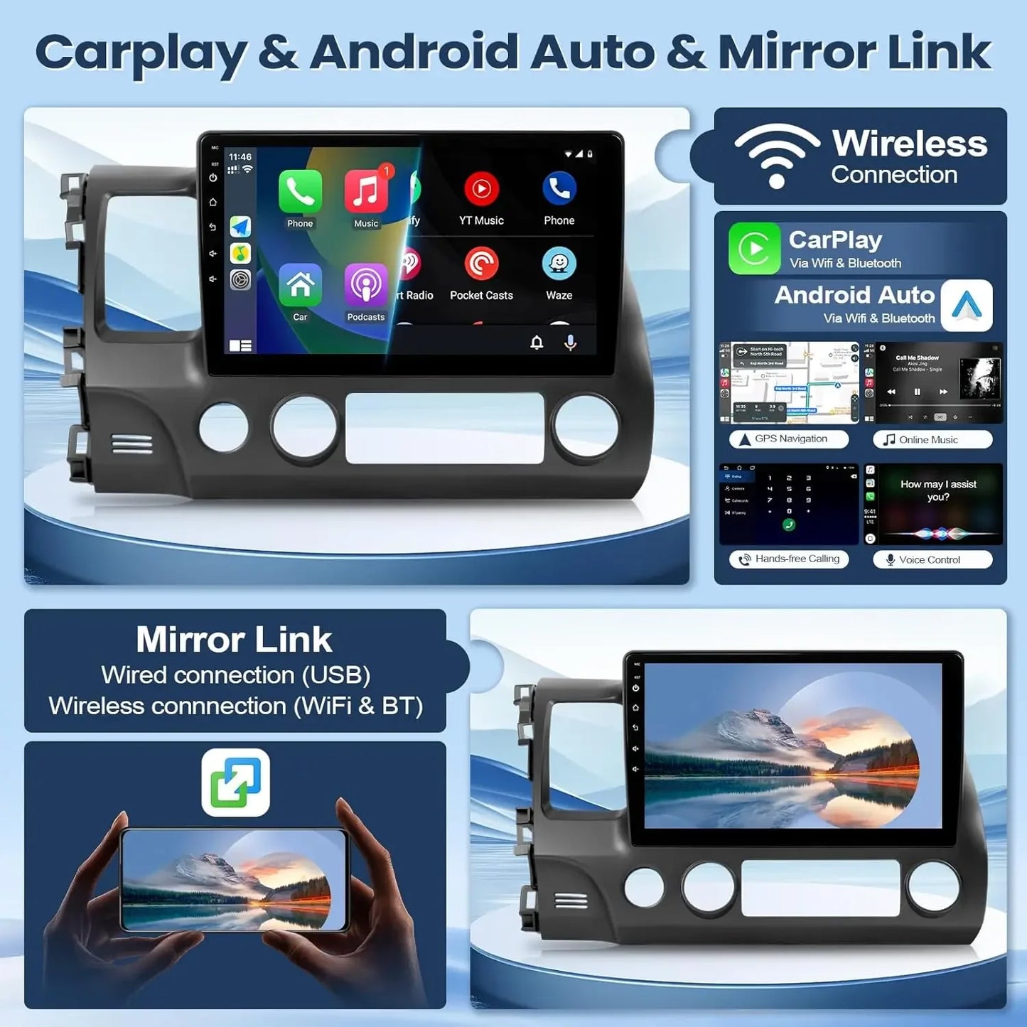 Car Stereo Radio Support Wireless CarPlay&Android Auto for Honda Civic 2006-2011 10" IPS Touch Screen Bluetooth/WiFi/Rear Camera