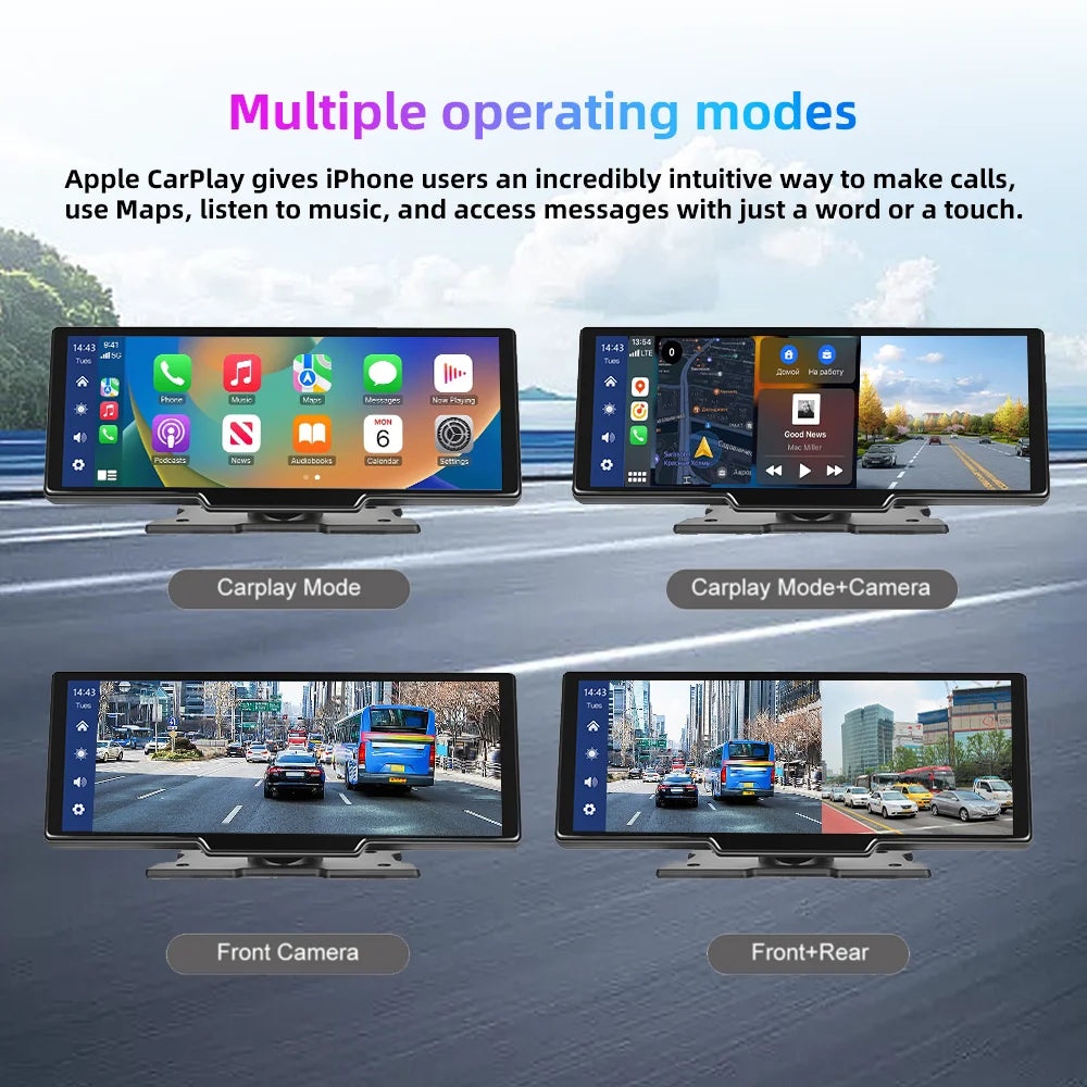 Podofo 10.26" Dash Cam 4K Rearview Camera Wireless Carplay Android Auto GPS with Voice Control Dashboard DVR Car Monitor
