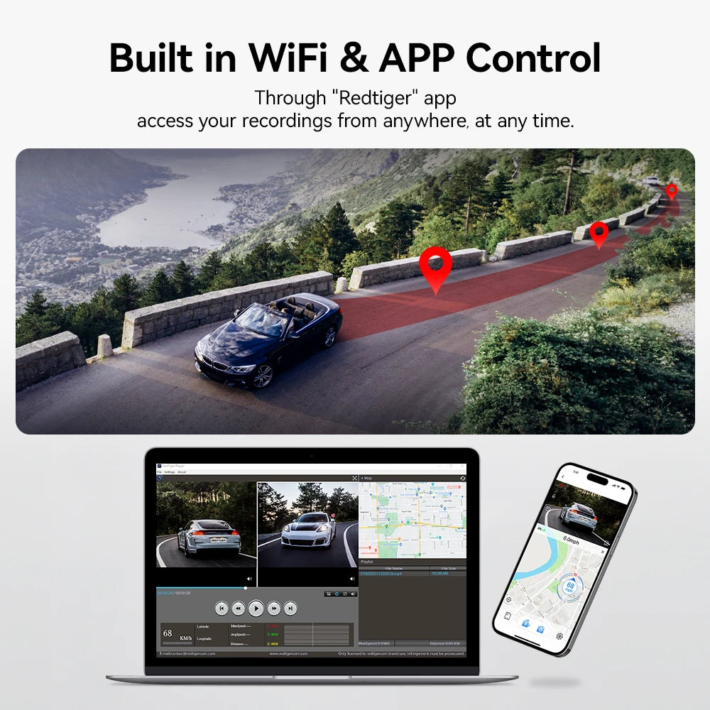 REDTIGER 4K Dash Camera Front and Rear WiFi Car Dvr Dual Car Camera Easy To Install Car Camera Recorder Touched GPS