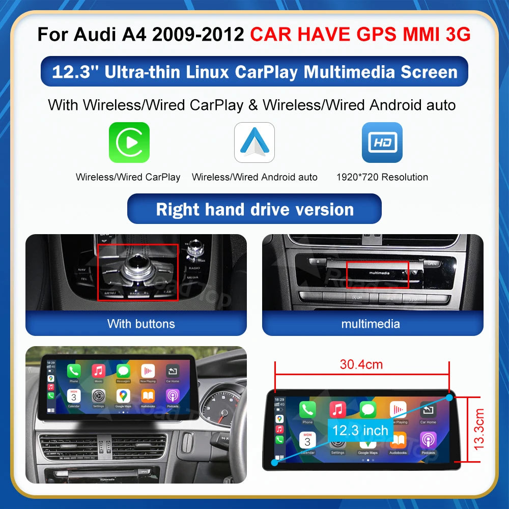 8.9 Inch 12.3'' Touch Display Multimedia Player Andriod Auto Link For Audi A4 S4 B8 2008-2012 GPS Carplay Screen Car Play