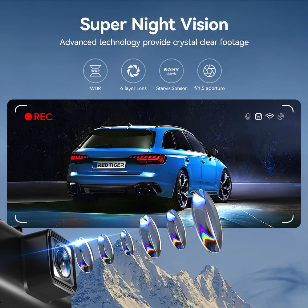 REDTIGER 4K Dash Camera Front and Rear WiFi Car Dvr Dual Car Camera Easy To Install Car Camera Recorder Touched GPS