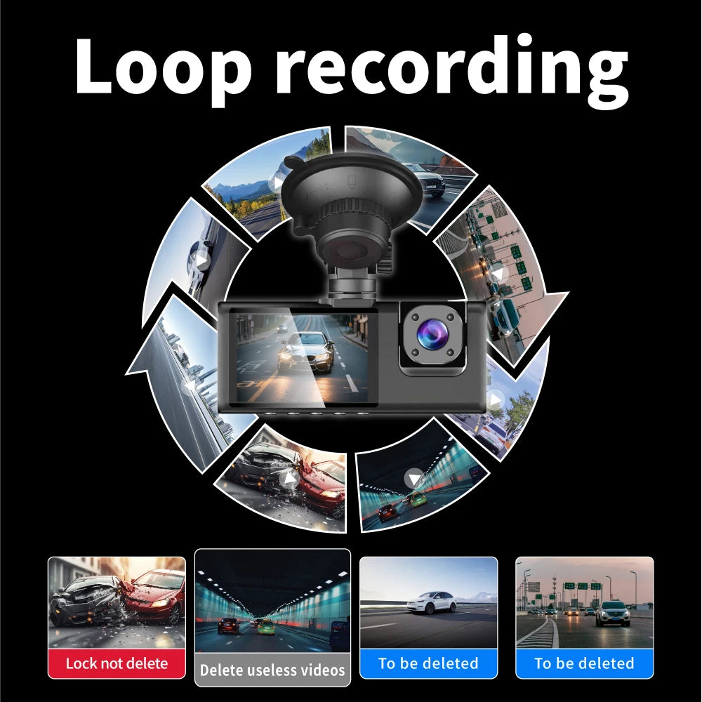 3 Channels Dash Camera For Cars HD 1080P Video Recorder 3 Lnes Front Inside Rear View Camera Night Vision Loop Recording Black B