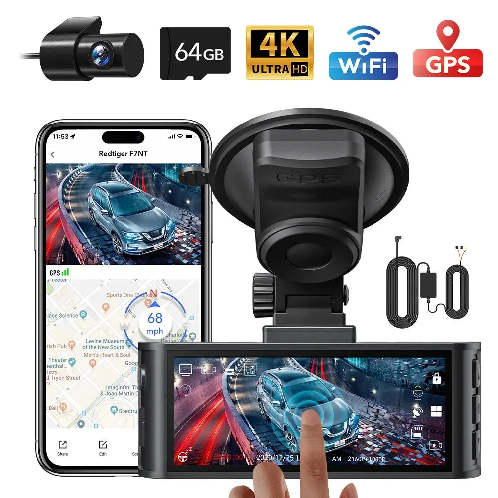 REDTIGER 4K Dash Camera Front and Rear WiFi Car Dvr Dual Car Camera Easy To Install Car Camera Recorder Touched GPS