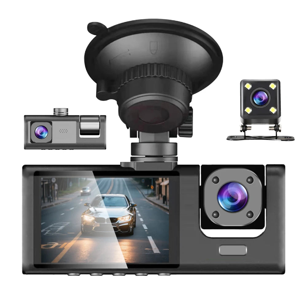 3 Channels Dash Camera For Cars HD 1080P Video Recorder 3 Lnes Front Inside Rear View Camera Night Vision Loop Recording Black B