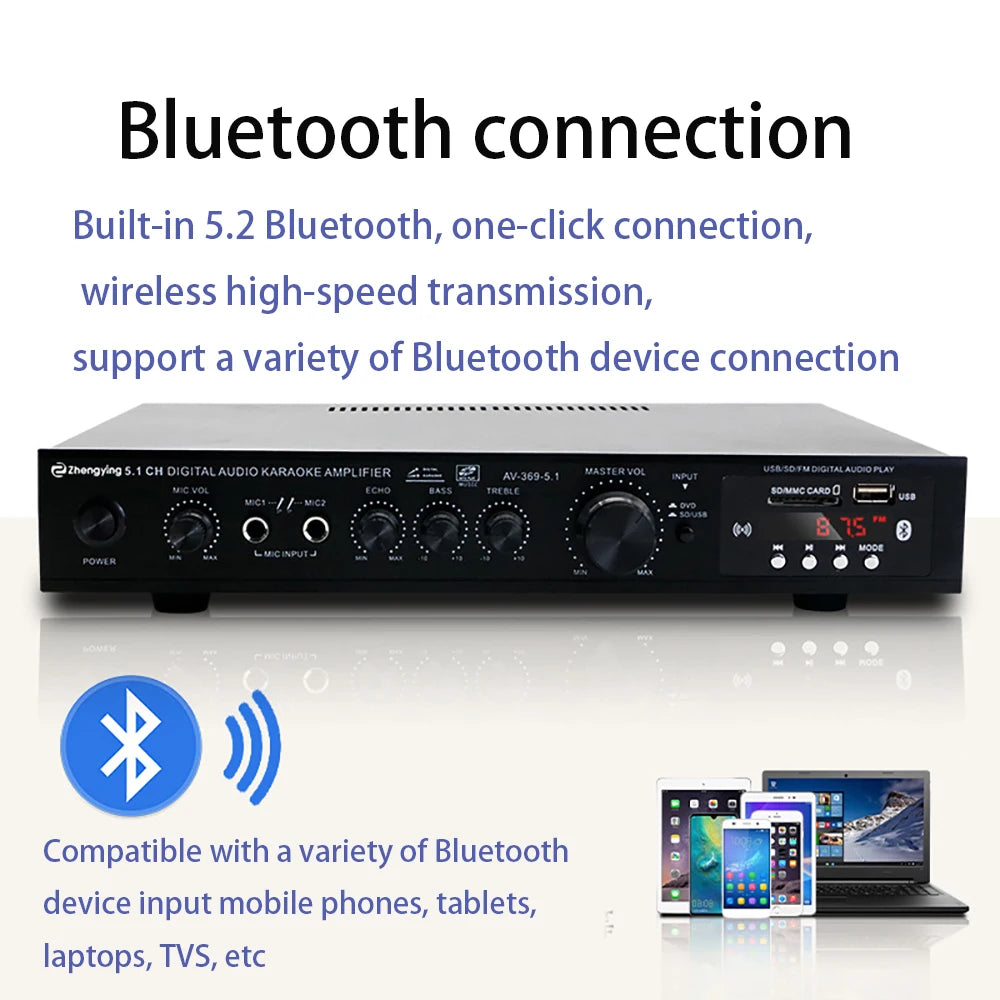 Bluetooth 5.1 Stereo Audio Amplifier Receiver 6 Channel Home Theater Audio Stereo System Components Home Amplifier FM Radio