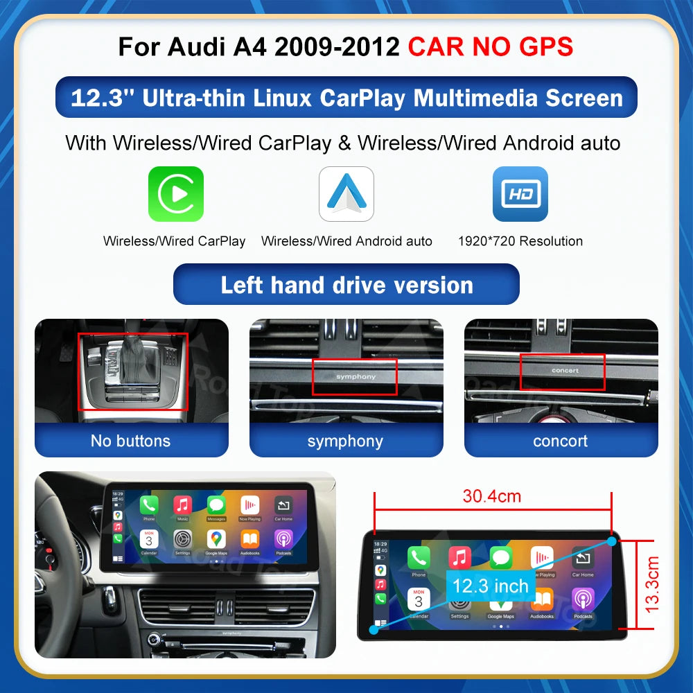8.9 Inch 12.3'' Touch Display Multimedia Player Andriod Auto Link For Audi A4 S4 B8 2008-2012 GPS Carplay Screen Car Play