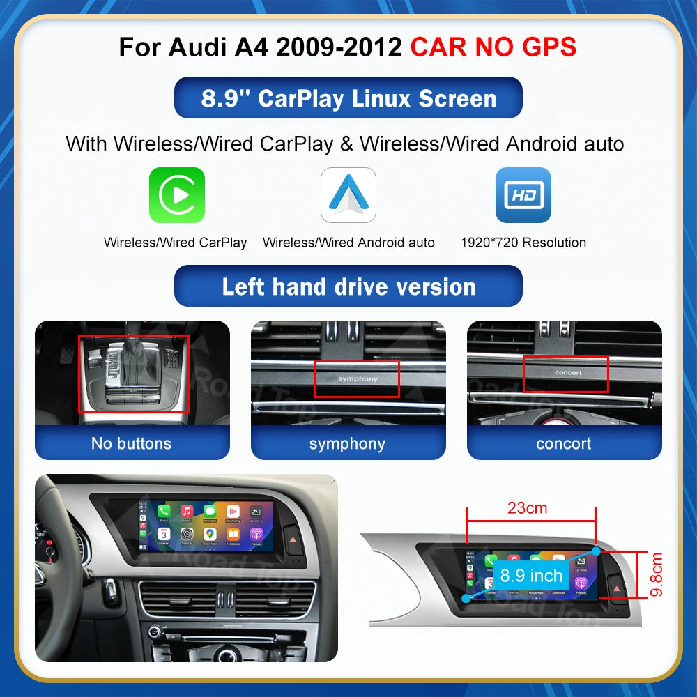 8.9 Inch 12.3'' Touch Display Multimedia Player Andriod Auto Link For Audi A4 S4 B8 2008-2012 GPS Carplay Screen Car Play