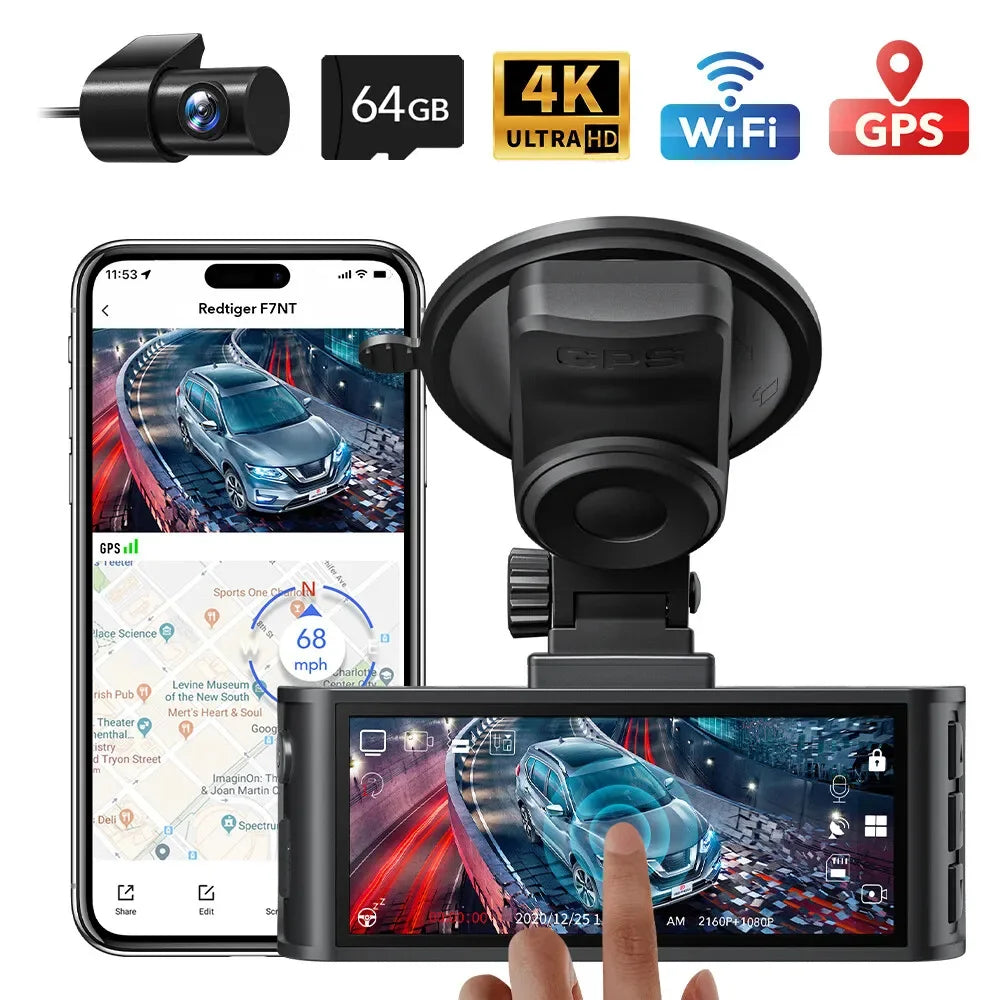 REDTIGER 4K Dash Camera Front and Rear WiFi Car Dvr Dual Car Camera Easy To Install Car Camera Recorder Touched GPS