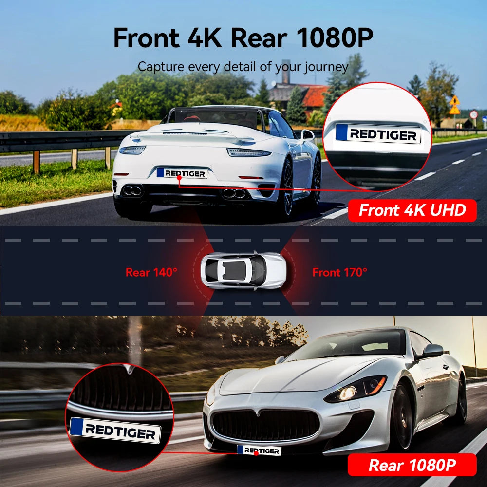 REDTIGER 4K Dash Camera Front and Rear WiFi Car Dvr Dual Car Camera Easy To Install Car Camera Recorder Touched GPS