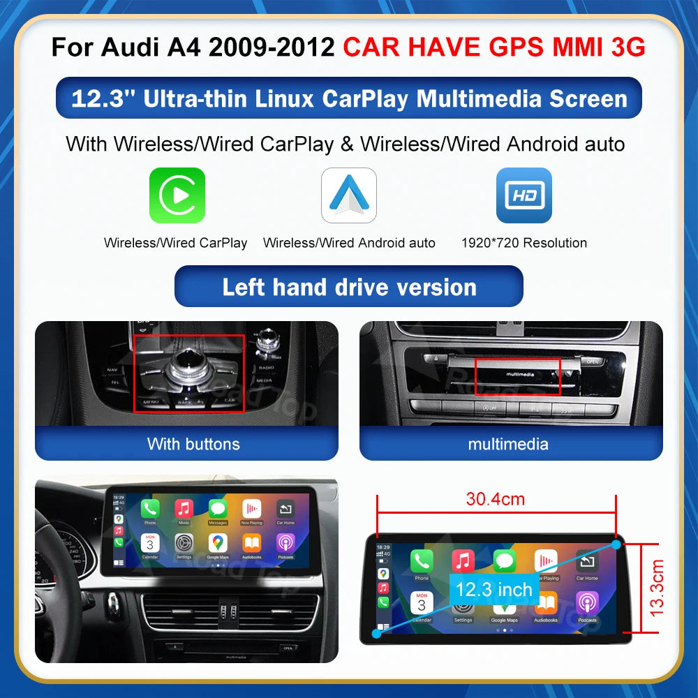 8.9 Inch 12.3'' Touch Display Multimedia Player Andriod Auto Link For Audi A4 S4 B8 2008-2012 GPS Carplay Screen Car Play