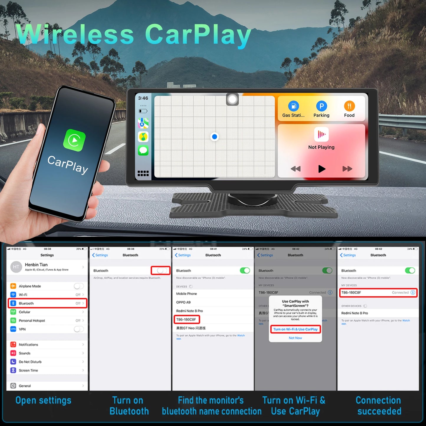 Podofo 10.26" Dash Cam 4K Rearview Camera Wireless Carplay Android Auto GPS with Voice Control Dashboard DVR Car Monitor