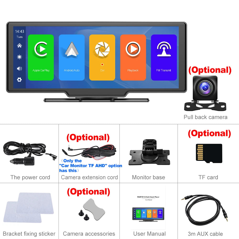 Podofo 10.26" Dash Cam 4K Rearview Camera Wireless Carplay Android Auto GPS with Voice Control Dashboard DVR Car Monitor
