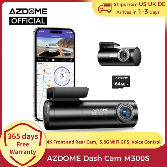 AZDOME M300S 4K Dash Cam Front and Rear, 5.8G WiFi GPS Dash Camera for Cars, Free 64GB SD Card, Voice Control, WDR Night Vision