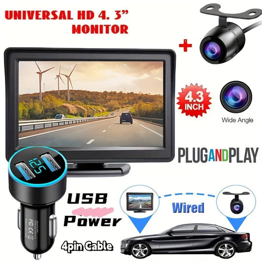 4.3 inch HD Rear View Car Camera with Monitor - USB Plug & Play, Wired Parking Assistance Easy Installation
