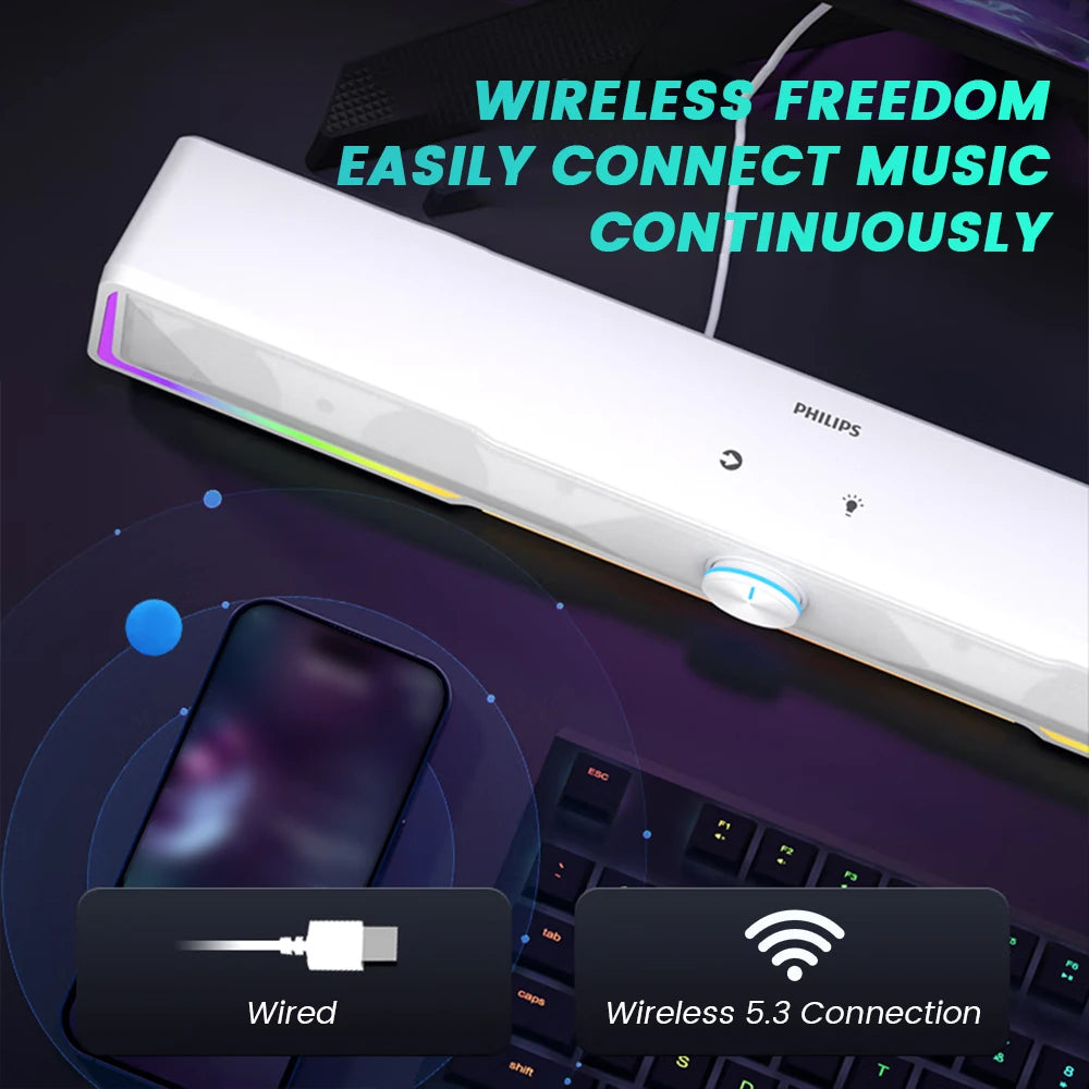 PHILIPS SPA4100 Soundbar Simple Design  52mm Driver Unit Stereo Environment  Featuring RGB Light Strips And Independent Knobs