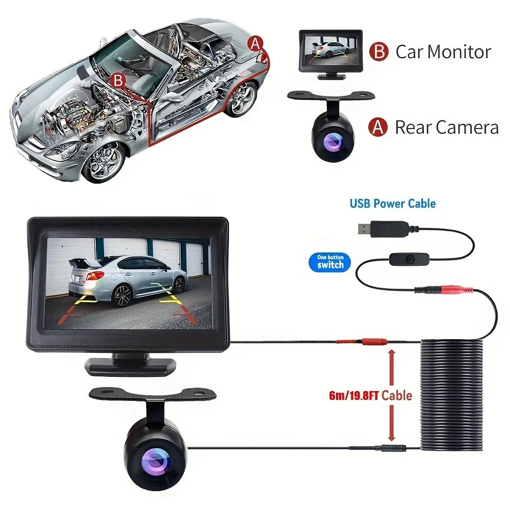 4.3 inch HD Rear View Car Camera with Monitor - USB Plug & Play, Wired Parking Assistance Easy Installation
